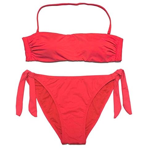 EONAR Women Halter Bandeau Bikini Top Adjustable Side Ties Moderate Coverage Bikini Bottom(L,Red) Cover