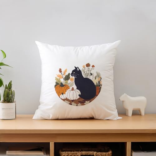 Image of KEKEMEOW 3 Sets Embroidery Kit for Beginners, Stitches with Black Cat Harvest Festival, Embroidery Stitch Practice kit for Adults Craft Lover, Cross Stitch Kit with Pattern、Instruction、Hoop