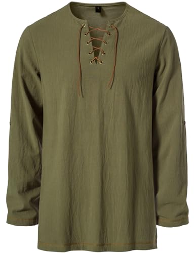 Image of JEMITOP Men's Pure Cotton Vintage Lace Up Shirts for Pirate Renaissance Viking Medieval Costume Without Belt