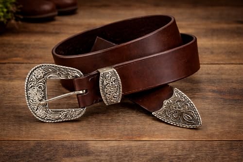 Image of Men's Genuine Leather Belt with Vintage Engraved 38mm (1.5 inch) Zinc Alloy Buckle | Premium Black /Brown Leather Belt for Jeans & Casual Wear