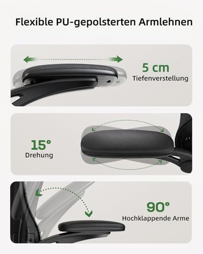 Marsail Bürostuhl Ergonomisch Schreibtischstuhl hat Verstellbarer Lordosenstütze Kopfstütze und Armlehne Höhenverstellung und Wippfunktion – Ansicht 6