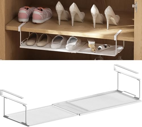 CHENGCKJ Unterregal mit Verstellbarer 38-70cm Hängekorb aus Metall Regal Organizer schrankkörbe faltbares Drahtgitter-Aufbewahrungsregal für Küchenschränken Schuhschränken Kleiderschränken (Weiß)