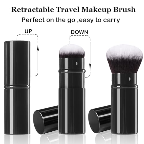 Keriloo Retractable Kabuki Makeup Brush, 2 Pack Travel Powder Foundation Makeup Brush Set Face Blush Brushes with Aluminum Handle for Liquid, Cream, Cosmetics, Loose Powder, Bronzer