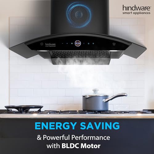 Image of Hindware Smart Appliances | Nadia BLDC 75 IN Kitchen Chimney | 1600 CMH |Curved Glass | Filterless | Auto Clean | Touch Control, Motion Sensor | 12 Yrs Warranty on Motor & 3 Yrs on Product (Black)