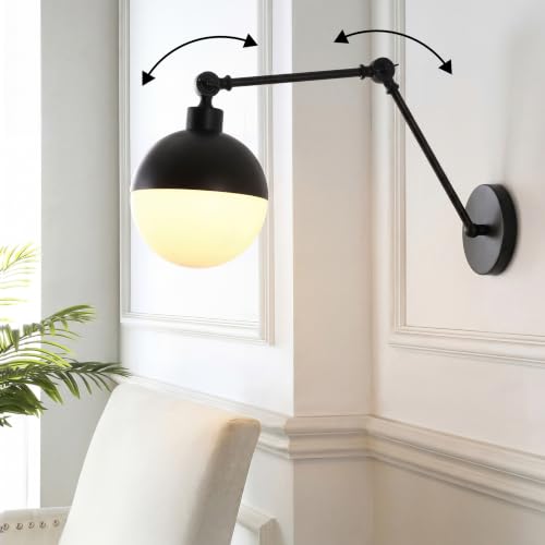 Image of JONATHAN Y Alba 7 inch Oil Rubbed Bronze 1-Light Iron Swing Arm Sconce, Mid-Century Industrial Adjustable Wall Lamp with Frosted Glass Globe Shade for Bedroom, LED Bulb Included JYL9931B