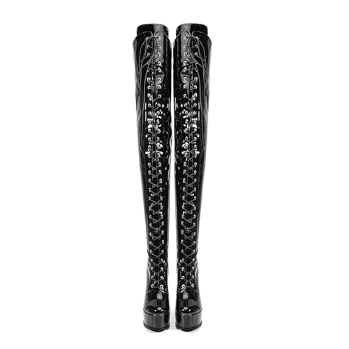 Image of Shiny leather Thigh high boots for Women Stiletto heel Platform Over the knee Round toe back zipper Sexy Front Strappy high heel Cosplay Custume unisex boots