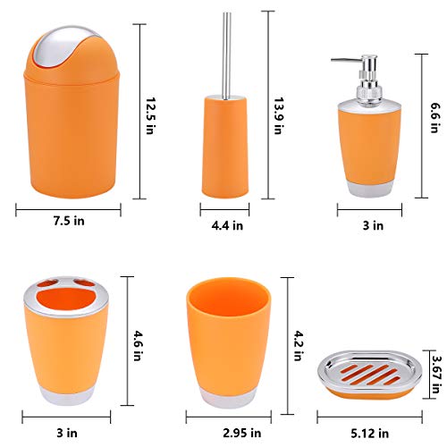 6 Piece Bathroom Accessories Set,Plastic Bath Ensemble Bath Set Lotion Bottles, Toothbrush Holder, Tooth Mug, Soap Dish, Toilet Brush, Trash Can (Orange) #TOP6