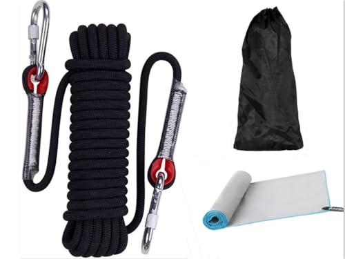 Mehrzweckseil für den Außenbereich + schnell trocknendes Handtuch Länge 10 m (D10 mm) Nylonseil mit 2 Karabinern Tragkraft 1200 kg Rettungsseil Bergsteigen Klettern Camping Schwarz