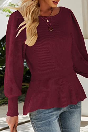 Image of Womens Fall Puff Sleeve Peplum Casual Slim Fit Knit Pullover Sweater Jumper Tops