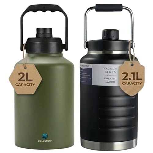 Image of Pack of 2 Insulated Water Bottle, Triple Wall Vacuum Stainless Steel Jug (Cold for 18+ Hrs), Leak Proof & Non-BPA, Water From Bottle for Hiking, Camping and Hotel (2.1L BLACK + 2L GREEN)