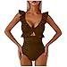 2026 One Piece Swimsuit for Women Tummy Control Ruffle V Neck Cutout Wrap Bathing Suit Summer Fashion Brown