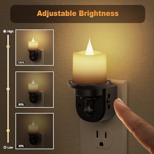 Image of JandCase Night Lights Plug into Wall, 2 Pack Flameless Flickering Electric Fake Candle Night Light with Dusk to Dawn Sensor, 3000K Soft White, 0-100LM Dimmable Nightlight for Bathroom Bedroom Hallway
