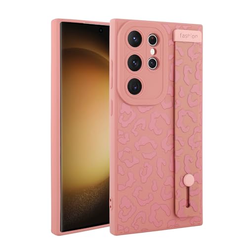 Image of Compatible with Samsung Galaxy S23 Ultra Case with Strap Wrist Pink | Cheetah Print Shockproof Soft TPU Protective Cover for Women Girls, Slim Anti Scratch Case 6.8 Inch, Pink