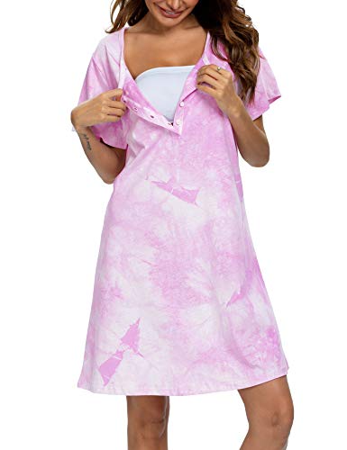 Image of ENJOYNIGHT Womens Short Sleeve Nightgown Tie Dye Nightshirt Nursing Sleepshirts Breastfeeding Sleep Dress
