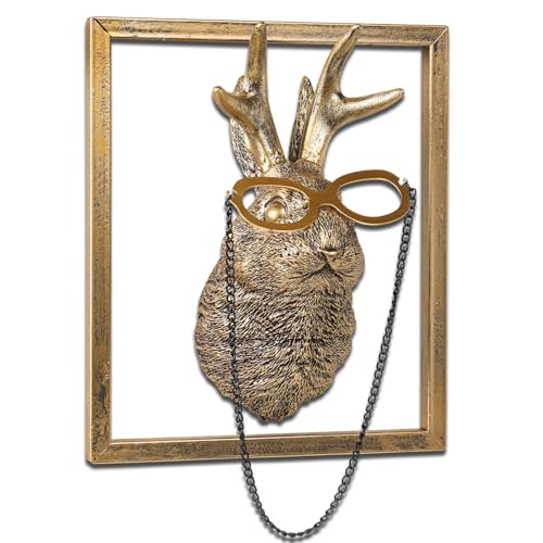 Newinhome Animal Heads Wall Decor (Includes Metal Frame) Resin Animals Sculptures Head Wall Hanging Decoration Gold vintage Wall Sculpture for Living Room Bedroom Office(Jackalope)