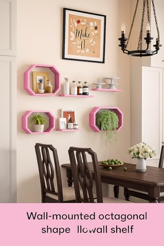 Image of Wall Mounted Floating Shelves Set of 6, Multipurpose Display, Book, Storage & Decor Shelves, Octagon Shape Wooden Wall Shelf for Living Room, Bedroom, Kitchen (Pink)