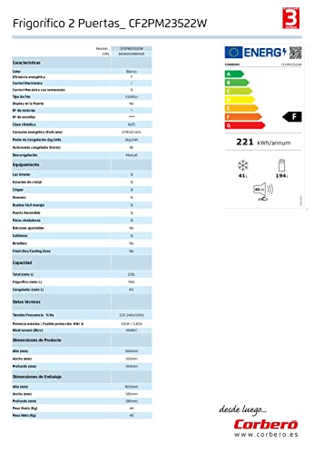 Corbero-CF2PM23522W-Frigorificos-2-Puerta-Estaticos-160-x-55-x-55-Capacidad-235L-Color-BlancoCrisper-Balcones-Ajustables-Descongelacion-Manual-Estantes-de-Cristal-40-Db-E-Energetica-F