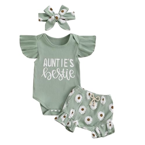 Image of NZNDSHD Aunties Bestie Baby Clothes Girl Newborn Infant Girls Summer Outfit Short Sleeve Romper Daisy Short Headband Set