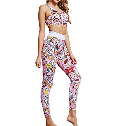 WENDU Yoga Suit Adult Female Sports Suit Tight Bra and Leggings Pants Cartoon Print Design Pink-M
