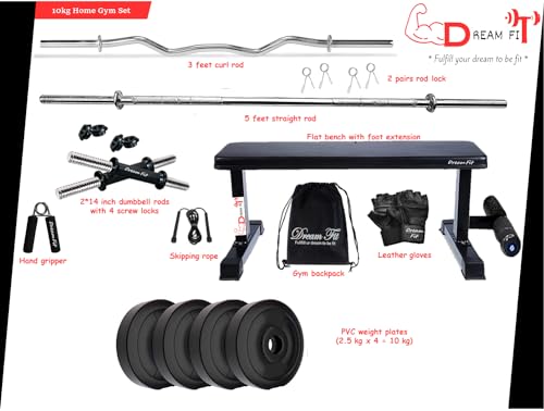 Image of DREAM FIT PVC Home Gym Set - 10 kg with 1 Flat Bench with Foot Extension, 3 ft Curling Rod, 5 ft Straight Rod, 1 Pair Dumbbell rods and Gym Accessories (10kg)