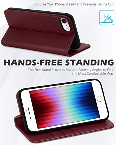 Shieldon Case For Iphone Se 2022/Se 2020/8/7, Genuine Leather Wallet Case Credit Card Slots Magnetic Closure Folio Cover Kickstand Tpu Protective Case Compatible With Iphone Se3/Se2 (4.7") - Wine Red #TOP4