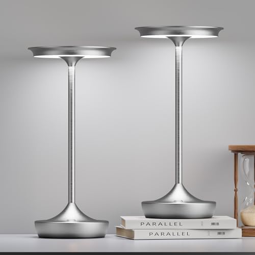 Image of LED Rechargeable Cordless Outdoor 6000mAh Battery Table Lamp 2-Pack Silver | Portable Waterproof 3 Color Stepless Dimmable Lights Memory Function for Patio Restaurant Bar Dining Room