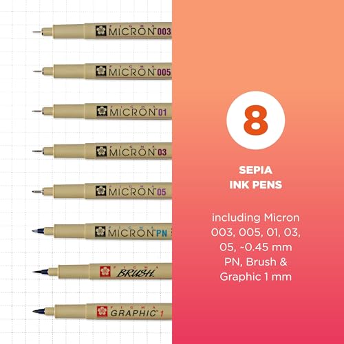 Image of SAKURA 50048 Pigma All Sepia, Ass'T Pont Sizes, 8Pc Set Fine Tip Pen, Ink Color-Black