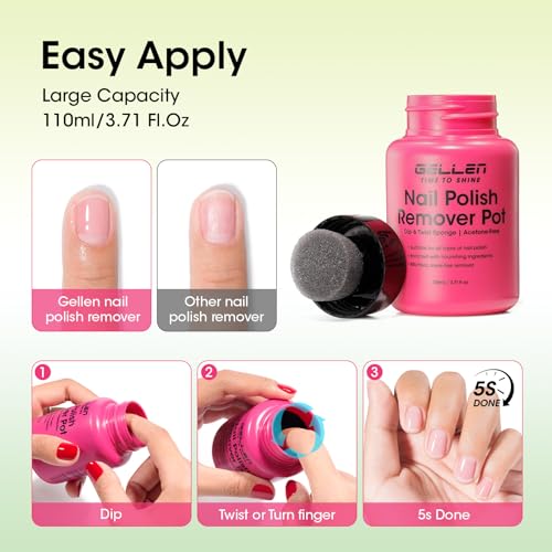 Image of Gellen Nail Polish Remover, 5-9s Quick Removal, Jasmine Scent, Non-drying | Dip Twist Sponge Nail Polish Remover Pot For Fingernail Toenail, Non-Acetone Free, Gentle Formula Shea Butter & Vitamin E