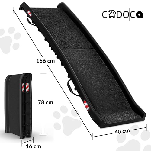 CADOCA® Hunderampe Auto klappbar 90kg kompakt 156x40cm Tragegriff Sicherungsbügel Reflektoren Trinknapf Hund Katze rutschfest leichte Einstiegshilfe