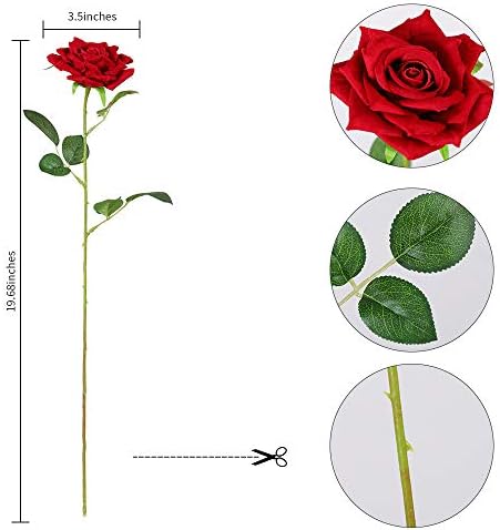 Floweroyal 12pcs Artificial Roses Velvet Flowers with Long Stem Fake Roses Bouquet DIY for Home Garden Wedding Decor (Red).