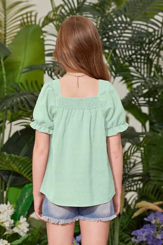 Image of BesserBay Girls Summer Puff Short Sleeve Square Neck Tee Shirts Ruffle Smocked Blouses Cute Swiss Dot Tops 5-14 Years