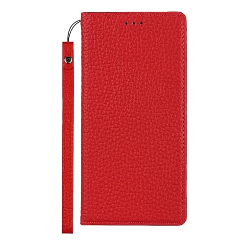 Étui en cuir iPhone 12 rouge avec rabat magnétique et sangle pratique