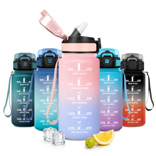 JAPORIA Botella Agua 500ml, Botella de Agua con Pajita, sin BPA, a Prueba de Fugas, Cantimplora con Marcador de Tiempo, Cantimplora para Escuela, Oficina, Senderismo