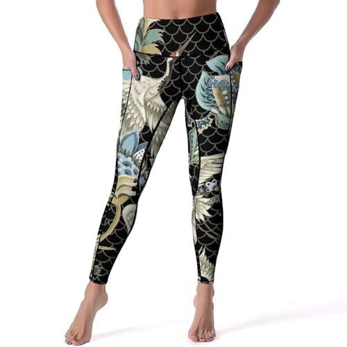 Legging femmes pantalon de sport yoga Oiseau Fleuri taille haute pour fitness gym