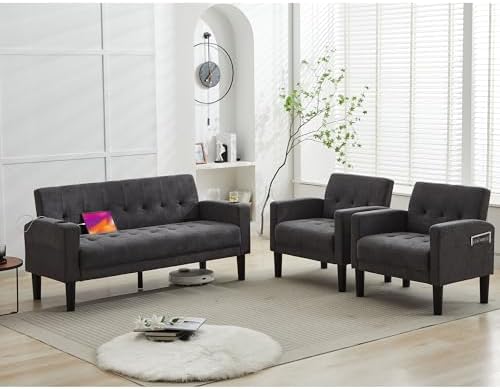 TYBOATLE Sofa Couch, Living Room Furniture Sectional Sofa Sets of 3 Pcs, Tufted Mid-Century Loveseat w/USB, Cupholders & Comfy Single Sofa for Small Space, Apartment, Office (Dark Grey) TYBOATLE Sofa Couch, Living Room Furniture Sectional Sofa Sets of 3 Pcs, Tufted Mid-Century Loveseat w/USB, Cupholders & Comfy Single Sofa for Small Space, Apartment, Office (Dark Grey)