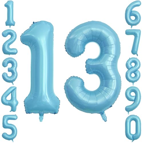 Pearlescent Blue Number 13 Balloon 40 Inch, Cool Shiny Foil for Teen Boy