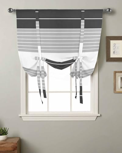 Black Grey Stripe Tie Up Curtains for Windows 63 Inch Length Balloon Curtains Kitchen Adjustable Balloon Window Shade Modern Art Horizontal Striped Tie Up Valance Bathroom Curtain Window 46
