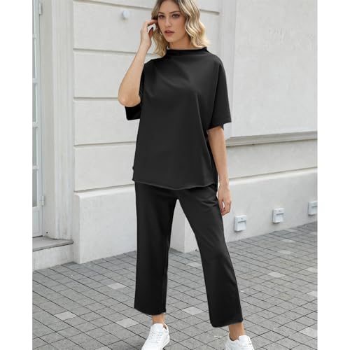 Image of SeeLuNa Women's Two Piece Outfits 3 /4 Batwing Sleeve Capelet Crew Neck Pullover Top Wide Leg Pants Lounge Set