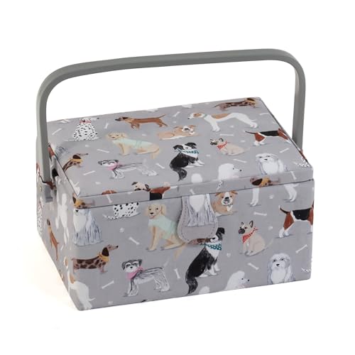 Hobby Gift Exclusive Medium Sewing Craft Hobby Storage Box, Accessories Tray Pin Cushion Pocket PVC Handle 18.5 x 25.5 x 14.5cm, Grey Dogs, Graue Hunde
