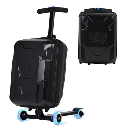 smilesun Scooter Suitcase for Kids & Adults, Foldable Carry On Travel Luggage, Hardside Ride on Scooter Suitcase with LED Light up Wheels，Black