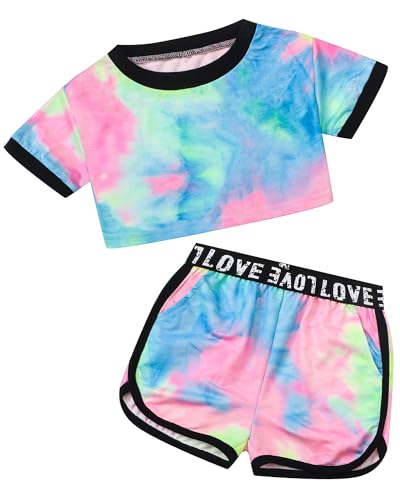 Image of Betusline Girls Summer 2 Piece Outfits,Kids Short Sleeve Crop Top & Shorts Set with Side Pockets