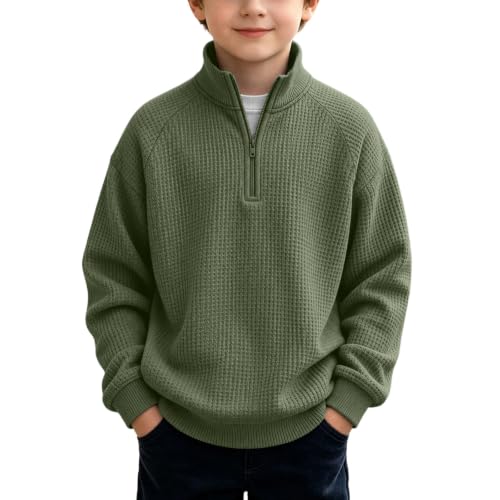RKSTN Kids Boys Waffle Sweatshirts Trendy Quarter Zip Pullover Army Green - image 1