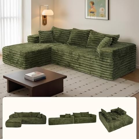 Sectional Couch for Living Room, Modular Deep Seat L-Shaped Corduroy Sofa, No Assembly, Plush Wide Fabric, Green with Left Facing Chaise Cover