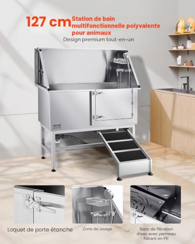 VEVOR Baignoire chien inox 127 cm station lavage rampe. Robinet pommeau douche porte droite. - vue 3