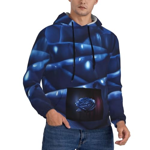 Mens Casual Hooded Blue Rose Print Hoodies Pullover Sweatshirts Long Sleeve Shirts With Pocket
