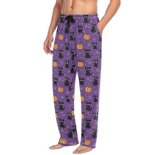 Men's Halloween Black Cats Pajama Pants with Pockets - Straight Fit Cotton Sleep Bottoms for Lounge & Nightwear#6914