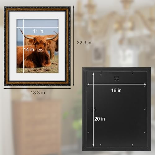 Image of 16x20 Black Frame with Mat Wood Vintage Ornate Picture Frame | Real Glass, Matted 11x14 or 16 x 20 Photos, Easy Photo Changes, Wall Hanging