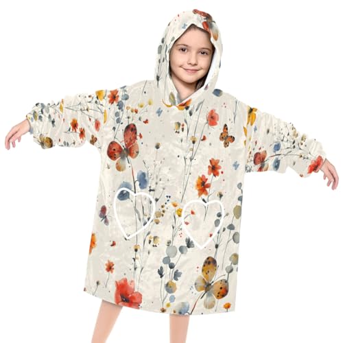 Wearable Blanket Hoodie for Kids, Sedentary butterfly Fleece Sweatshirt Blanket Oversized Blanket Sweatshirt with Pocket Flannel Warm Hooded Blanket 6-10 Year Old Girl Boy Gift, One Size