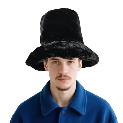 7 Inch Tall Black Fur Top Hat Fluffy Stovepipe Hat-Fake