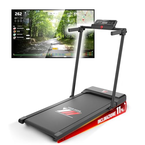 YM Tapis Roulant Elettrico Salvaspazio 12 km/h, Tappeto Corsa MAXI 42cm, MARCHIO ITALIANO, Telaio rinforzato, APP Interattive Bluetooth, Pieghevole, 12 Programmi, NEXT 1000 Your Move ASSISTENZA ITALIA